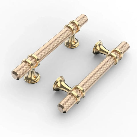 10 Pack 3 Inch Gold Knurled Cabinet Pulls Brushed Brass Kitchen Cabinet Handles close-up of two handles on white background