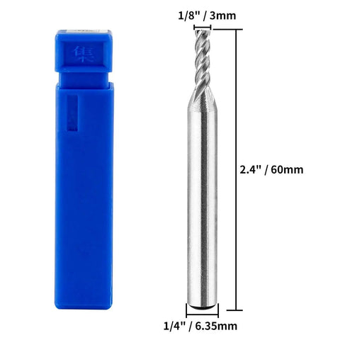 Dope 5 Pack One Eighth Inch HSS End Mills With Four Flute CNC Milling Cutter for Wood Steel Titanium showing dimensions and packaging