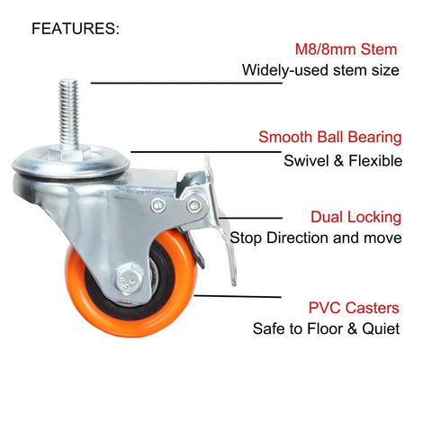 Heavy Duty Stem Casters With PVC Wheels 2 Inch Brake Dual Locking M8 Stem 1 Inch For Home Office Industry, labeled features.