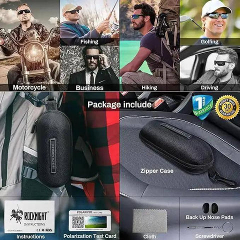 Men's Polarized Sunglasses With UV400 Protection And Anti Glare Lenses, Sick Aluminum Magnesium Frame shown with accessories and case