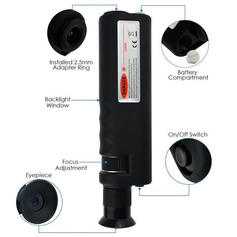 Amazon handheld 400x fiber optic inspection microscope; black plastic body with LED and 2.5mm adapter ring