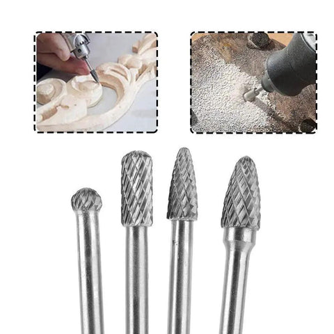 Close-up of Heavy Duty Tungsten Carbide Rotary Burr Set, 4 Pieces, 6 mm Shank, for woodworking and metal carving applications.