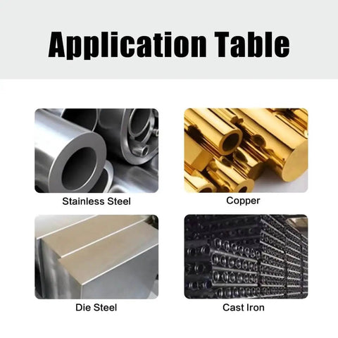 Application table showing materials: stainless steel, copper, die steel, and cast iron. Rugged One Half Inch Four Flute Carbide Roughing End Mill For Steel Aluminum And Hardened Metals Heavy Duty Square Nose Milling Cutter Built For Pros And DIYers.