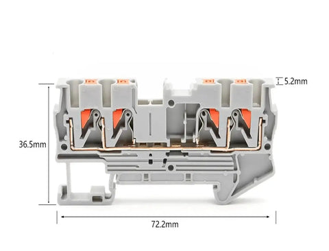 10 Piece Four Wire Terminal Block Set With 2.5mm² Spring Clamp For DIN Rail Mounting, shown with dimensions, side view.