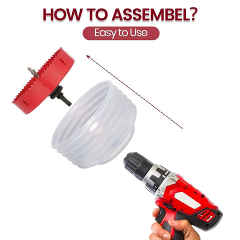 All In One Recessed Lighting Hole Saw Kit With Dust Bowl For Dust Collection, 4 Inch And 6 Inch Bi Metal Hole Saws, Includes Arbor, Drill Bit And Hex Key, Perfect For Quick Pro Level DIY Cuts In Wood Ceiling Plastic And Metal, showing parts with drill.