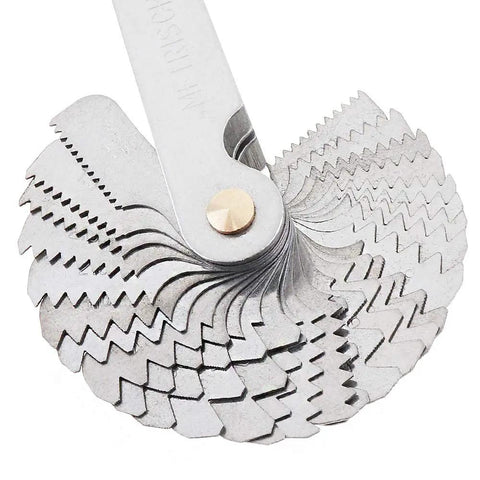 Close-up of a 55 Degree And 60 Degree Screw Pitch Gauge With Locking Mechanism For Metric Imperial And US Threads Pro Grade Industrial Measurement Tool.