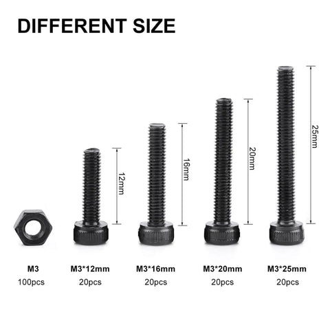 Various sizes of M3 cap head hex socket bolts and nuts from 280-Piece M3 Cap Head Hex Socket Bolts And Nuts Assortment Set For Tight Spaces