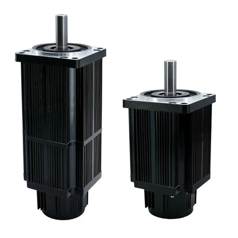 AC servo motors, two black finned housings with protruding shafts (front view).