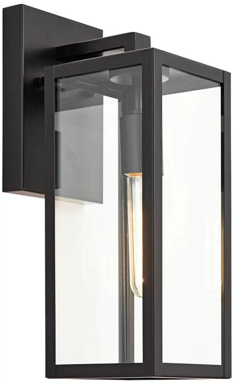Dope Mystic Black Outdoor Wall Light With Clear Glass Panel, 14 1/4 Inch Tall, modern black lantern style for porch, patio, garage