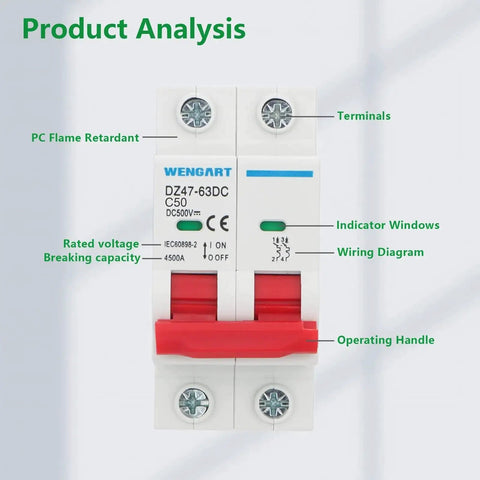DC Miniature Circuit Breaker DZ47 63Z 500V 2 Poles 50A For Battery And Solar PV DC Systems DIN Rail Mount Disconnect Switch with terminals.