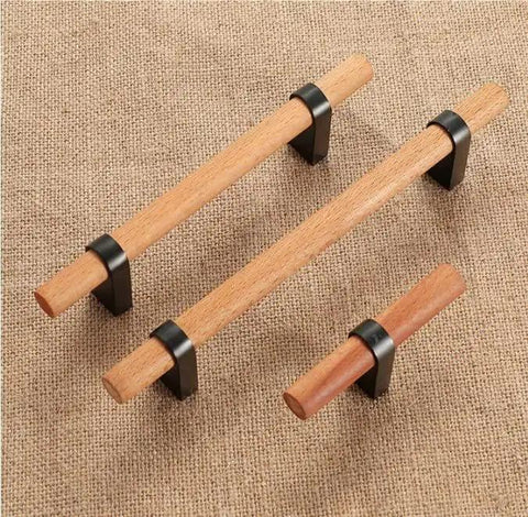 Black Wooden Drawer Pulls With Aluminum Base 7.09 Inch Length 5.04 Inch Hole Distance Two Pack Two Hole Cabinet Handles