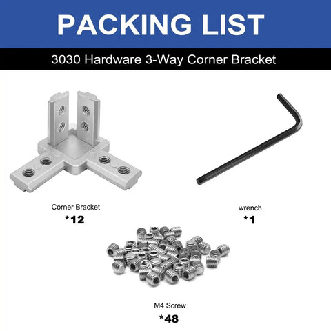 Packing list for 12 Piece 3030 3 Way Corner Brackets For Aluminum Extrusion showing corner bracket, screws, and wrench.