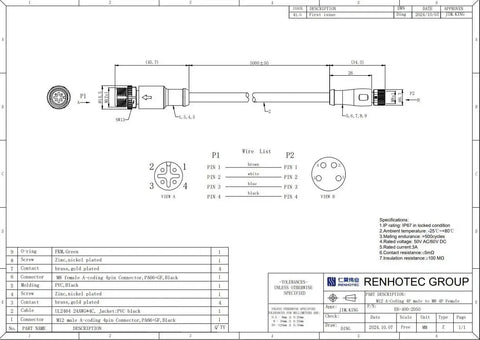 Technical drawing of Dual End M12 to M8 Connector Cable, 4 Pin A Code Male to A Code Female, dimensions and material details listed