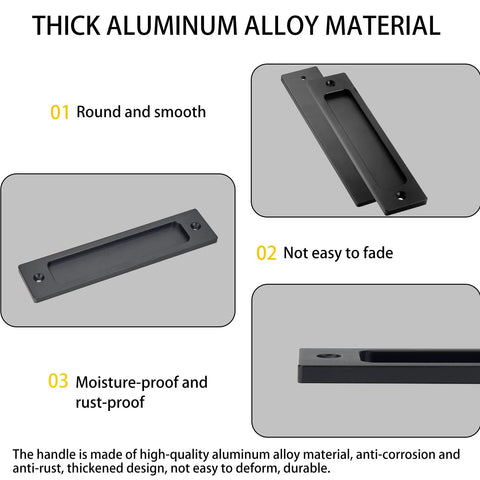 Two Pack Finger Flush Aluminum Alloy Pull Handles For Sliding Doors, Pocket Doors, Drawers And Cabinets, Rectangular Recessed Pull Hardware In Black Finish, Easy Install, Modern Barn Door Style For Home Or Garage shown with rust-resistant material features.