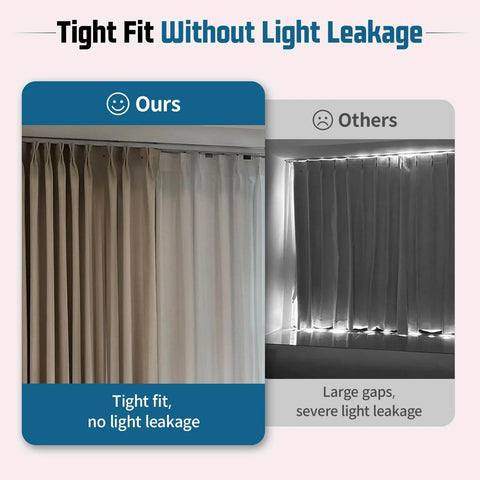 Comparison of curtain tracks showing no drill adhesive curtain track with 10.5ft ceiling and wall mount, no light leakage