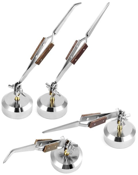 Two Pack Third Hand Tweezers with Straight and Curved Tips, Cross-Locking Clamps and 360 Degree Rotating Base for Jewelry Making