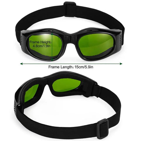 Pro Grade Laser Safety Glasses with green lenses and adjustable strap for protection during fiber laser engraving and cutting.