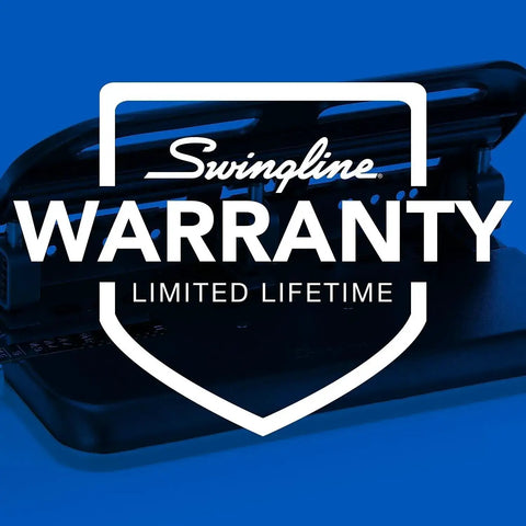 Limited lifetime warranty badge on a blue background for a One Hole Paper Punch With 20 Sheet Capacity Low Effort Plier Design.