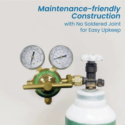 High Pressure Piston Regulator For Inert Gases With Forged Brass Body And Bonnet Dual Scale Gauge Attached to Gas Cylinder