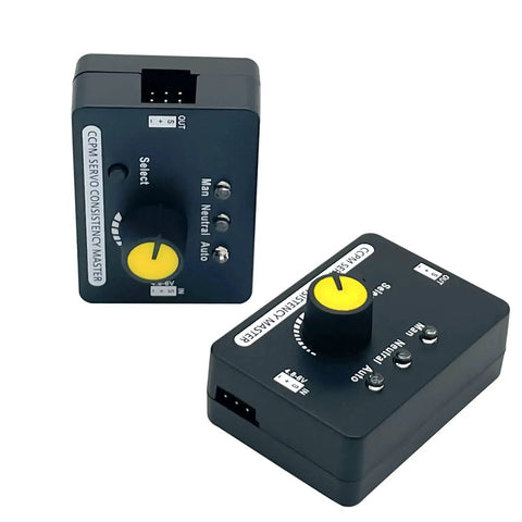 2-pack RC servo tester with built-in BEC, 3-channel, black housing and yellow knob for RC airplanes.