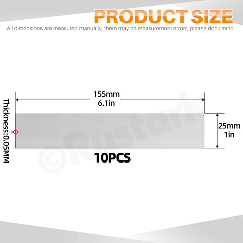 10Pcs Pro Grade Stainless Steel Strip Assortment Kit For Kitchen Trim Gap Filling And DIY Shims 1 Inch Wide 6.1 Inch Long 0.002 Inch Thick 304 Stainless Steel dimensions graphic.
