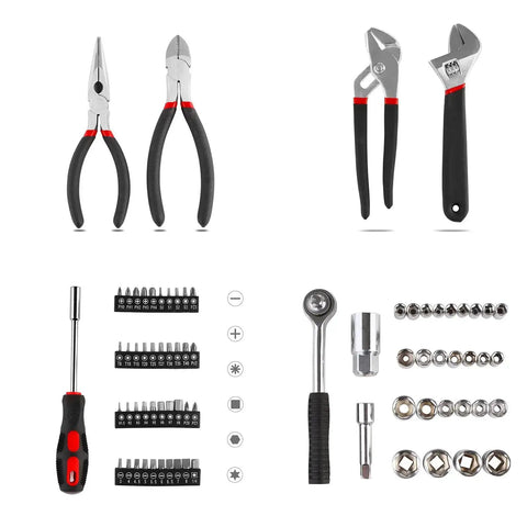 95 Piece Diy Tool Set With Portable Plastic Toolbox And Adjustable Wrench Pliers Socket Bits For Home Garage And Apartment Repairs Everyday Fixes Grab And Go, featuring pliers, wrenches, screwdriver bits.