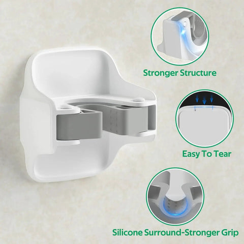 3 Pack Wall Mount Mop And Broom Holder Dustpan Organizer Self Adhesive No Drill showing silicone grip and load capacity features.