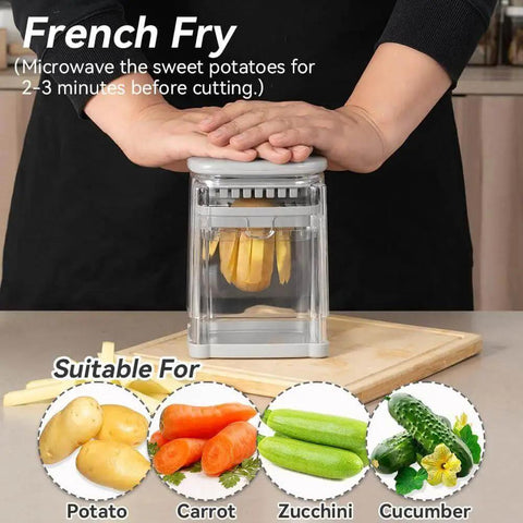 3 In 1 French Fry Cutter And Veggie Dicer For Potatoes Onions Cucumbers Tomatoes Zucchini Carrots And Citrus Fruits With Stainless Steel Blades For Uniform Fries Slices And Dices Fast Badelite in use on kitchen counter