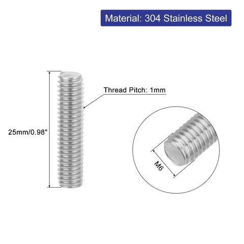 Image showing M6 25mm 304 Stainless Steel Fully Threaded Rods 8 Pcs Right Hand Thread with thread pitch and dimensions highlighted.