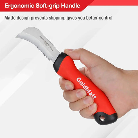 Stainless Steel Roofing And Flooring Knife Soft Grip For Carpet And Linoleum held in hand showing ergonomic handle