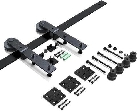 Beefy Heavy Duty 3.5 Foot Bi Folding Barn Door Hardware Kit For Two Doors, Carbon Steel Sliding Track System In Frosted Black