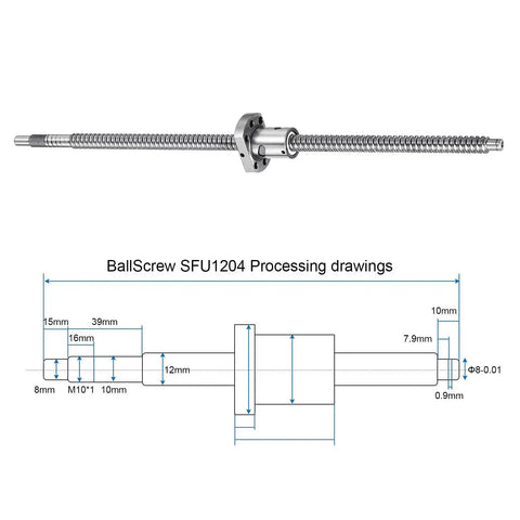 Beefy SFU1204 Ball Screw Kit With Nut Anti Backlash for 12mm Diameter Lead 4mm 400mm Length with technical diagram