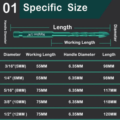Green Concrete Drill Bit Set By Mgtgbao size chart showing dimensions of 10 PC Three Sixteenths Inch Masonry Drill Bits with Tungsten Carbide Tip