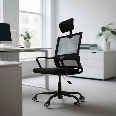 Heavy Duty 28 Inch Office Chair Base Replacement For Most Chairs 2400 Lbs Capacity Matte Black Metal Legs With Universal Casters Sockets installed on a swivel chair in an office setting.