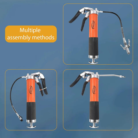 Pro Grade Heavy Duty 9000 PSI Grease Gun Kit With Quick Release Coupler, Leak Proof 14oz Canister shown in multiple assembly methods.