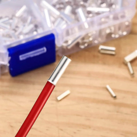 Close-up of a cable end with 650 Piece Wire Ferrule Kit With Tinned Copper Crimp Connectors Seven Sizes 0.5 0.75 1.0 1.5 2.5 4.0 6.0 mm2 Covers 22 to 18 AWG 16 to 14 AWG And 12 to 10 AWG Non Insulated Cable End Terminals High Conductivity Copper Ferrules For Safe Wiring