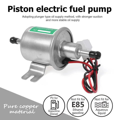 12V Heavy Duty Inline Fuel Pump For Lawn Mowers And Cars Universal Low Pressure Transfer Pump For Gas And Diesel Engines Built From Copper Clad Aluminum Corrosion Resistant Durable Performance Ready Silver Finish front view