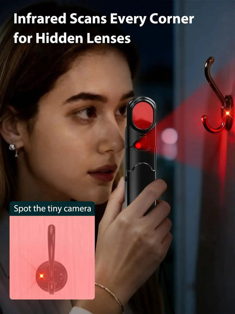 Woman using Infrared Pin Hole Camera Finder And Wireless Detector to locate hidden camera in coat hook with red infrared light