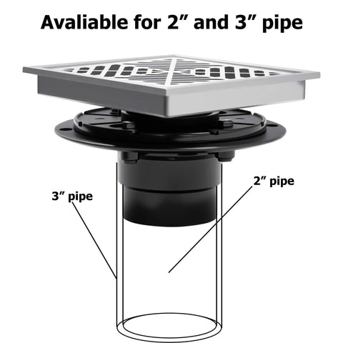6 Inch Square Shower Drain With Flange Kit, 1.2mm SUS304 Stainless Steel Floor Drain, Geometric Pattern, side view
