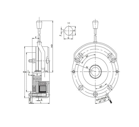 FPBIGCHA electromagnetic brake for motors; metal housing with shaft (side view) and circular flange (front view).