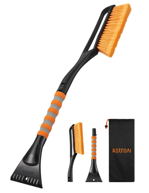 27 Inch Snow Brush With Detachable Ice Scraper And Ergonomic Foam Grip For Cars Trucks And SUVs Heavy Duty ABS PVC Bristle Brush Orange, side view.