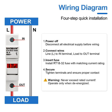 Wiring diagram for One Pole Fuse Holder Base For RT18-32 Fuses 10x38mm 32 Amp 690 VAC Din Rail Mount With Indicator Light