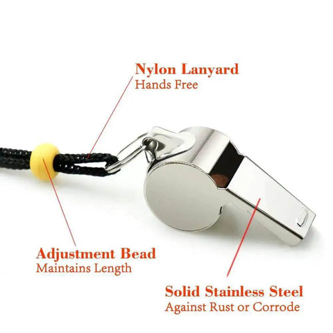 Close-up of solid stainless steel sports whistle with black nylon lanyard and adjustment bead, ideal for coaches, referees, and officials.