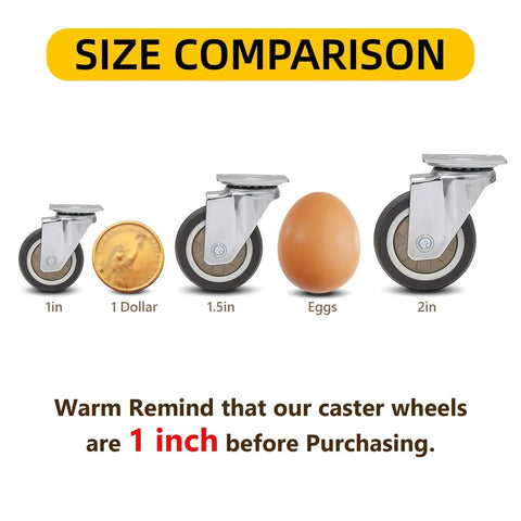 Size comparison of 1 Inch Heavy Duty Caster Wheels Set Of 4 With Brakes 100 Lb Capacity next to a dollar coin and egg