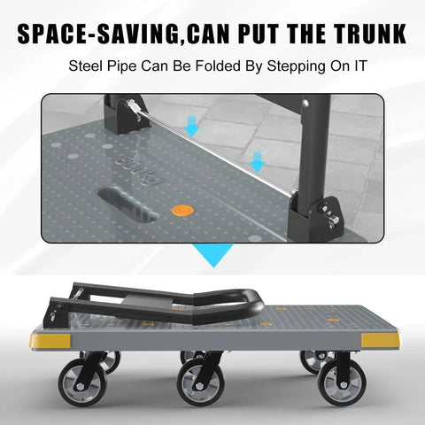 Foldable Heavy Duty Platform Cart With 1764 Pound Capacity showing foldable design and six wheels, gray finish, supports up to 1764 lbs