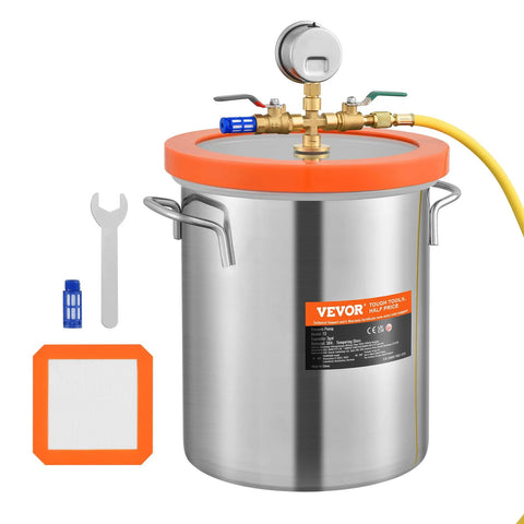 VEVOR 3-Gallon stainless vacuum chamber with orange tempered-glass lid, gauge, hoses, and tools