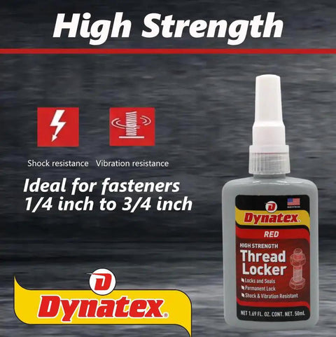 Red High Strength Thread Locker For Big Bolts And Heavy Duty Fasteners 1.69 Oz Bottle Permanent Lock displayed with packaging