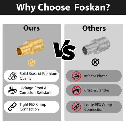 Pack of 10 Foskan brass PEX straight reducing couplings 1" x 3/4" for crimp fittings, left brass vs right plastic