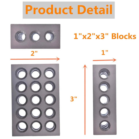 Pro Grade 1 By 2 By 3 Inch Precision Blocks Set With 23 Holes 5 Tapped To 3/8-16 And 18 Untapped, includes screws and hex key.