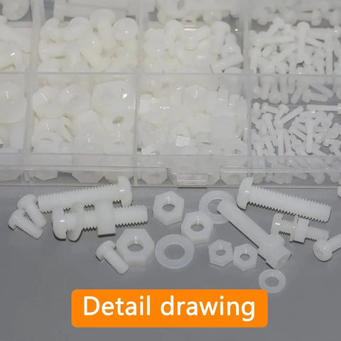 All In One White Nylon Pan Head Screws And Nuts Kit With Washers, Full Thread Hex Bolts From M2 To M6, 500 Pieces Displayed